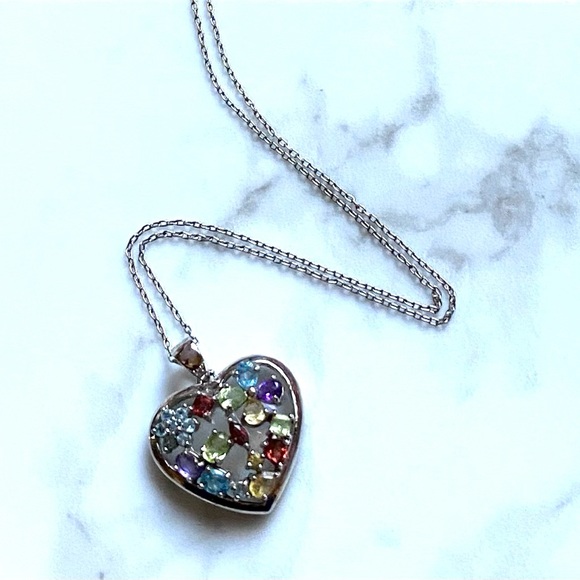 Sterling Silver Heart Shaped Multi Gemstone Necklace - Picture 3 of 8